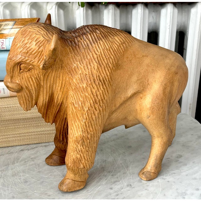 Late 20th Century Vintage Wooden American Bison Buffalo Statue Carving For Sale - Image 5 of 9