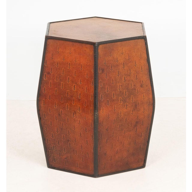 Late 20th Century Fleur-De-Lys Embossed Leather Hexagonal Drum Stool For Sale - Image 5 of 5