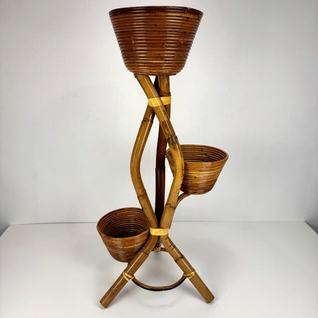 Mid-Century Italian Bamboo 3- Basket Plant Stand, 1960s For Sale - Image 4 of 7