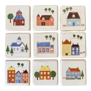 Set of 9 Mid-Century Hand-Painted Folk Art Tiles (Besheer-Style) For Sale