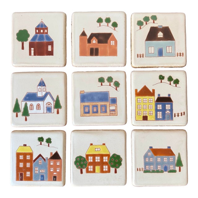 Set of 9 Mid-Century Hand-Painted Folk Art Tiles (Besheer-Style) For Sale