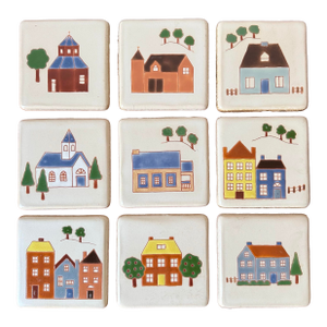 Set of 9 Mid-Century Hand-Painted Folk Art Tiles (Besheer-Style)