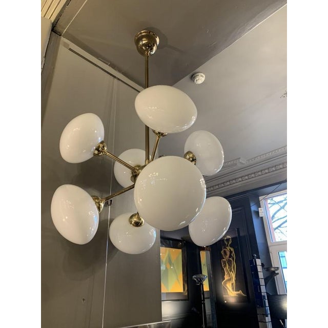 Sputnik Chandelier in Golden Brass with 8 Opaline Glass Ball Globes, 1970s For Sale - Image 5 of 12