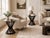 An exceptional pair of round side tables designed by Edward Wormley for Dunbar Furniture, featuring the iconic sheaf of...