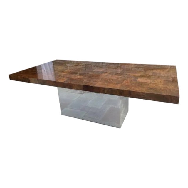 1976 Attributed to Milo Baughman Olive Burl Extension Dining Table on Chrome Plinth Base, 2 Leaves For Sale