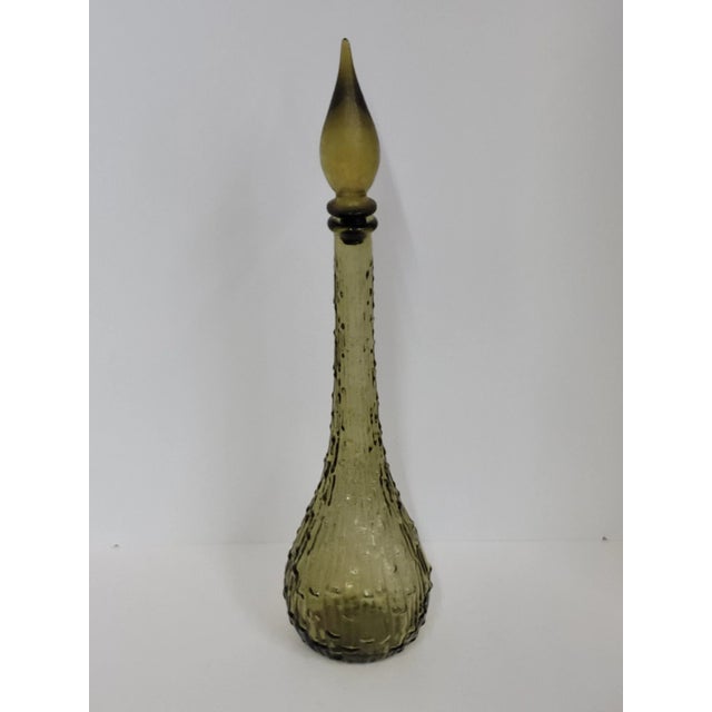 Mid-Century Modern Olive Green Glass Geni Bottle Decanter For Sale - Image 4 of 9