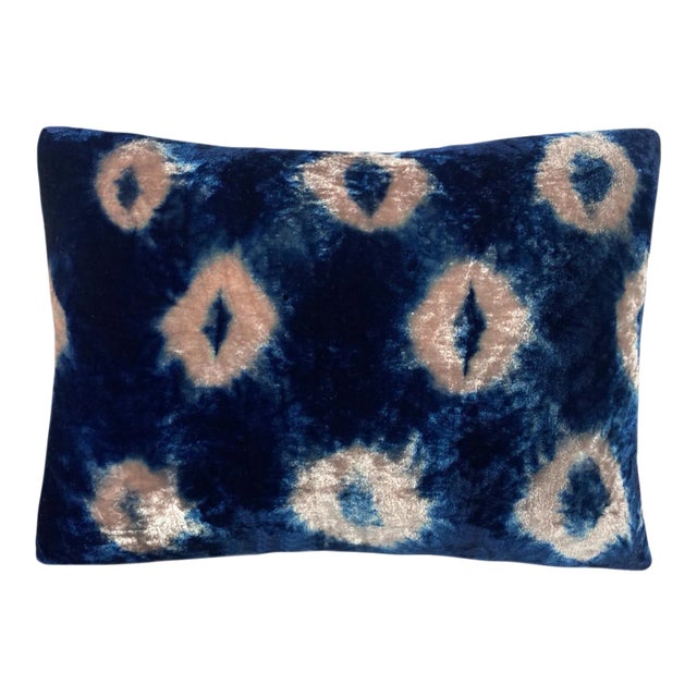 Rousseau Hand Dyed Silk Velvet Pillow, Rose Pink & Indigo Blue Ikat Abstract Pattern For Sale