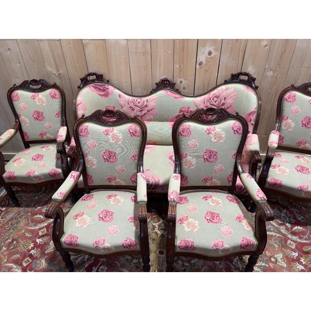 Napoleon III 9-Piece Living Room Set in Mahogany with Rose Fabric For Sale - Image 3 of 11