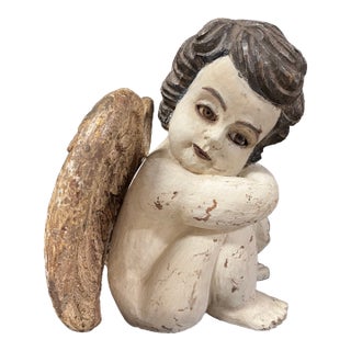 Vintage Carved Solid Wood Sitting Angel With Glass Eyes Sculpture For Sale