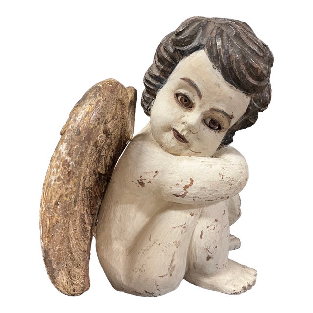 Vintage Carved Solid Wood Sitting Angel With Glass Eyes Sculpture For Sale