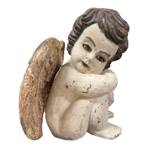 Vintage Carved Solid Wood Sitting Angel With Glass Eyes Sculpture