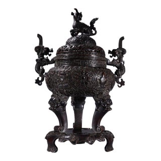 Monumental Chinese Bronze Dragon & Qilin Tripod Censer With Base - 19kg / 42 LBS For Sale