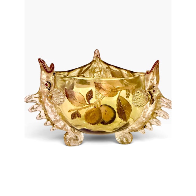 Antique Zoomorphic Amber Glass Bowl With Three Fish and Enamel Decoration, Attributed to Auguste Jean, Moser Style C. 1880 For Sale - Image 10 of 14