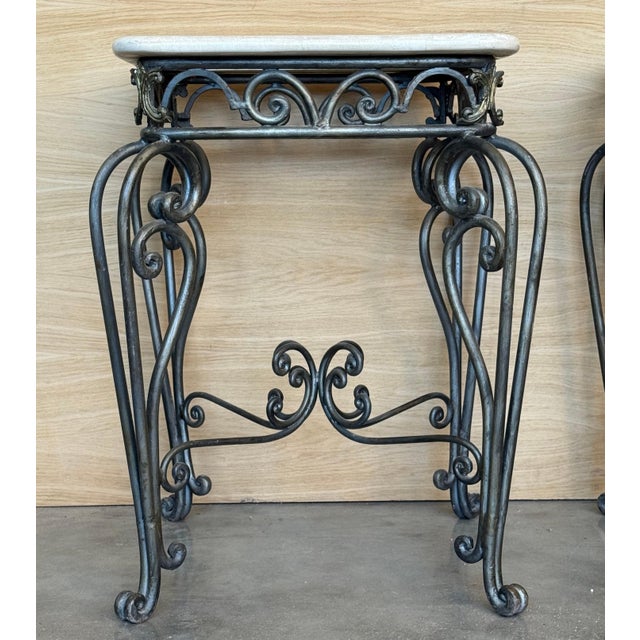 Early 20th Century Pair of Neoclassical Style Patinated Forged Iron Planter Stands with marble top For Sale - Image 18 of 18