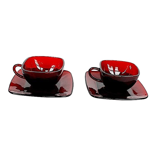 Ruby Red Glass Cup and Saucer Set For Sale