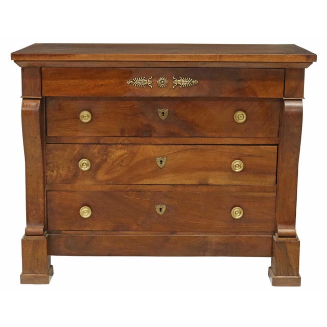 Absolutely gorgeous 19th century Empire walnut commode. Frieze drawer, over three additional drawers, gilt metal accents,...