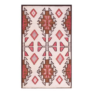 1930s Ivory Gray Diamond Medallion Flat Weave Antique American Navajo Rug 3'6" X 6'0" Wool Carpet For Sale