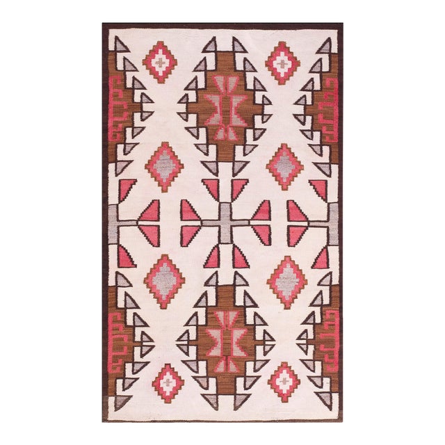 1930s Ivory Gray Diamond Medallion Flat Weave Antique American Navajo Rug 3'6" X 6'0" Wool Carpet For Sale