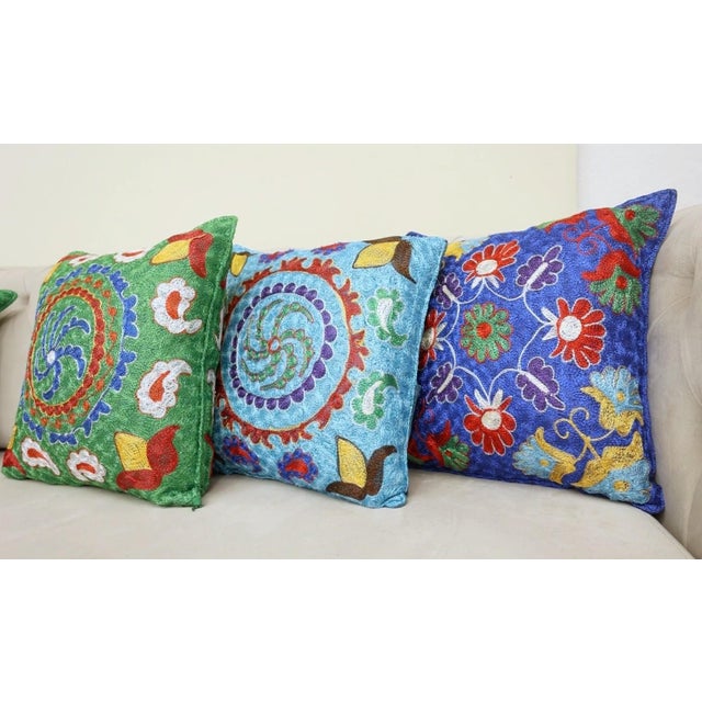 Modern 16"x16" Silk Embroidery Cushion Cover. Blue Pillowcase. Needlework Lace Pillow For Sale - Image 3 of 6