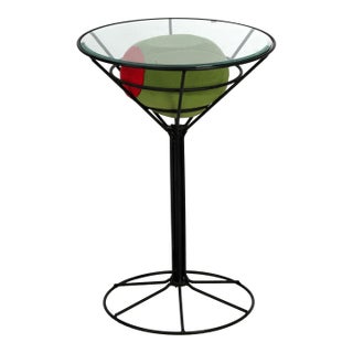 Vintage 1980s Oversized Martini Glass Side Table W/ Removable Plush Olive - Novelty Cocktail Bar - Black Wrought Iron Base W/ Glass Top For Sale