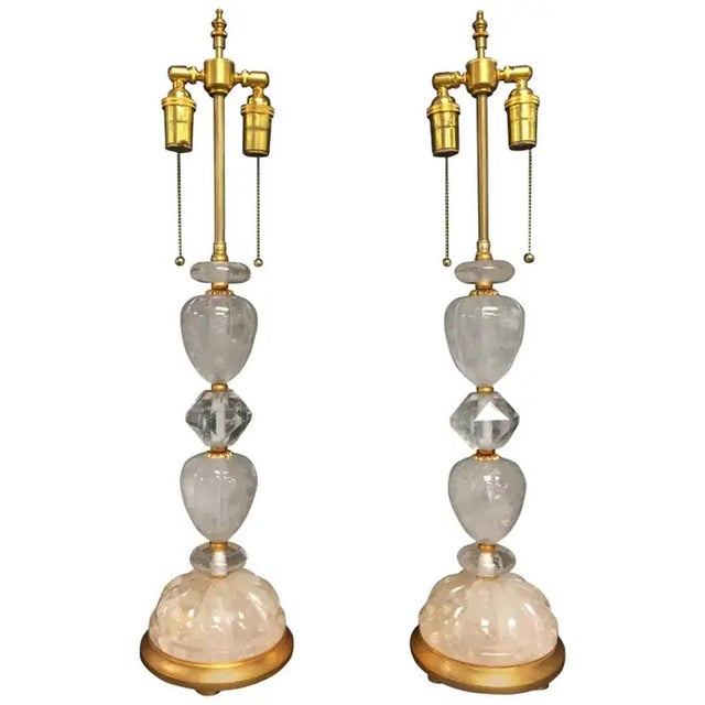 Pair of Rock Crystal Table Lamps with Giltwood Bases, Italy, 1970s For Sale - Image 4 of 4