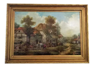 19th C. Country Scene Oil Painting on Canvas by P. Smythe