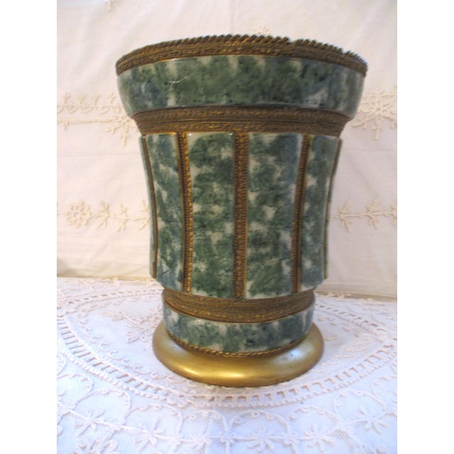 1980s Vintage Ornate French Design Gold & Jade Wastebasket / Trash Can 10" For Sale - Image 5 of 13
