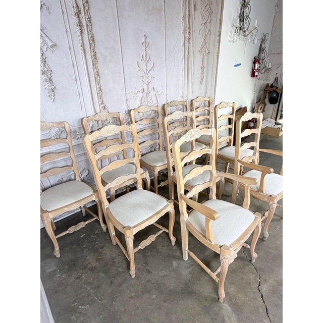 Wood Set of 10 19th Century French Provincial Bleached Oak Ladderback Dining Chairs For Sale - Image 7 of 18