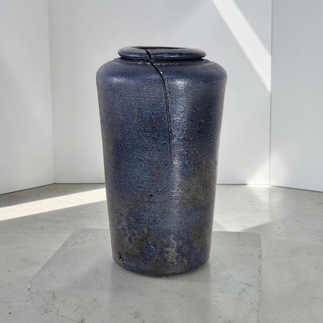 Large studio art pottery vase executed in wheel-thrown stoneware and finished in a richly textured matte cobalt blue glaze...