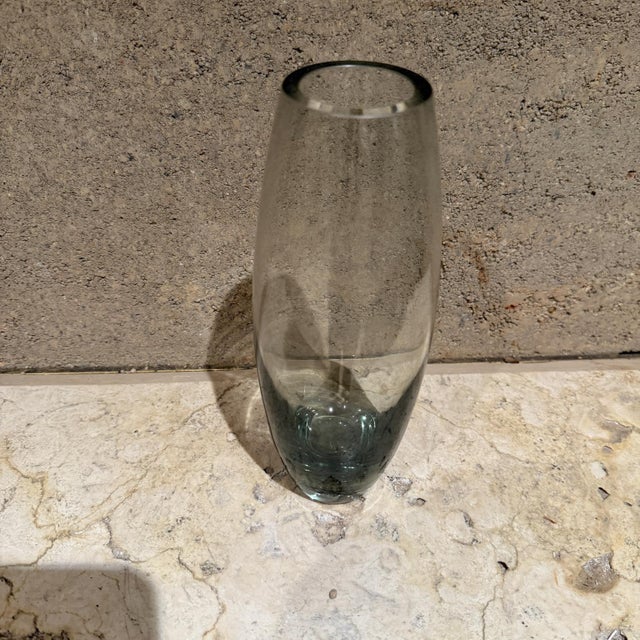 For your consideration, a glass vase designed 1957 by per Lütkenstamped for Holmegaard. Smoked grey Hellas glass torpedo....