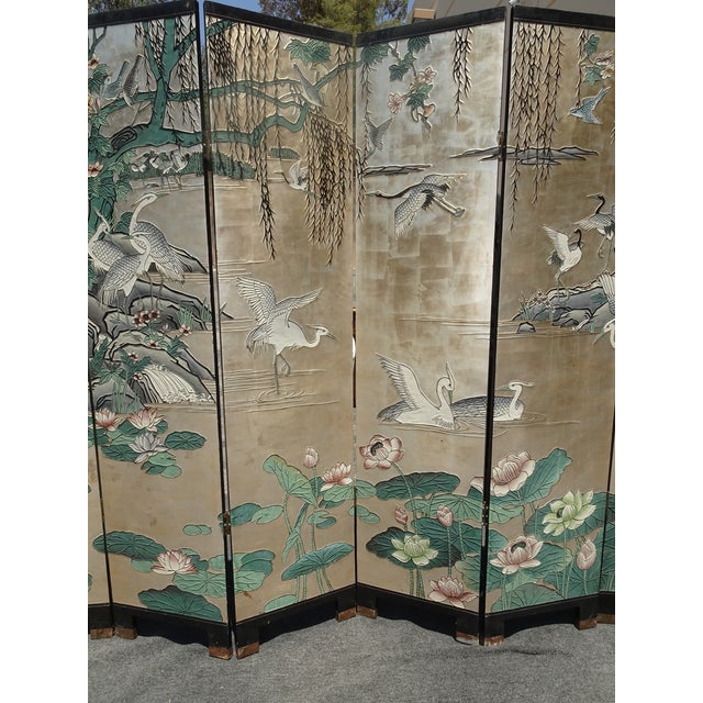 Vintage Silver Chinese Asian Six Panel Screen ~ Room Divider W Heron Birds For Sale - Image 4 of 18