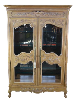1990s Louis XV Style French Provincial Fruitwood China Display Cabinet Bookcase Curio