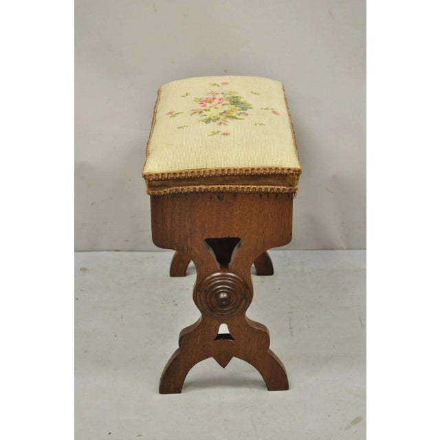 Wood Antique Eastlake Victorian Carved Walnut Stool Bench With Needlepoint Seat For Sale - Image 7 of 9