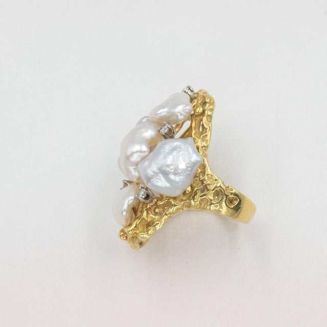 Metal 1980s Vintage Cellino 18k Diamond Natural Pearl Cocktail Ring, Size 5.75 For Sale - Image 7 of 11