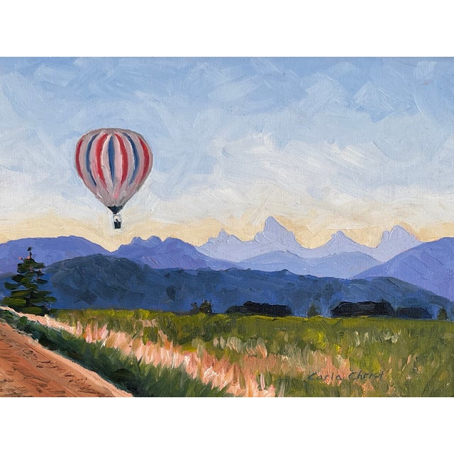 A gentle landscape with a hot air balloon painted by Carla Christ. Framed in gold gilt wood it measures 16 x 18 (9 x12...