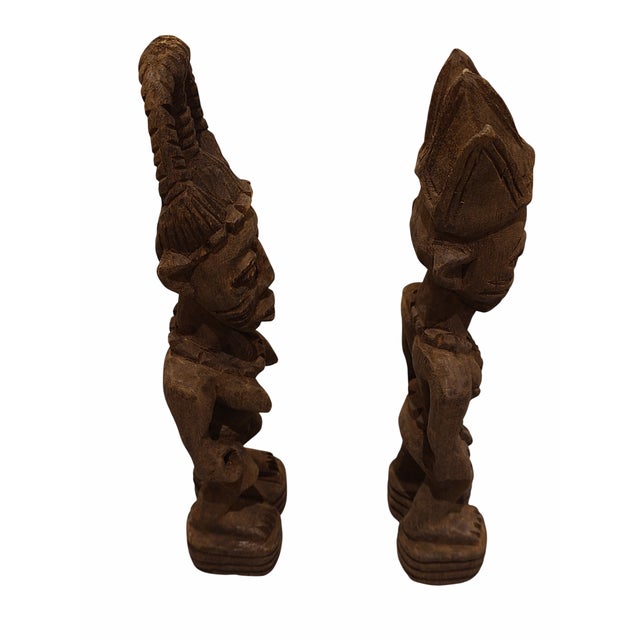 African Mid 20th Century Wooden Male and Female Ibeji Twin Figures; Carved by Yoruba People of Nigeria - Set of 2 For Sale - Image 3 of 4