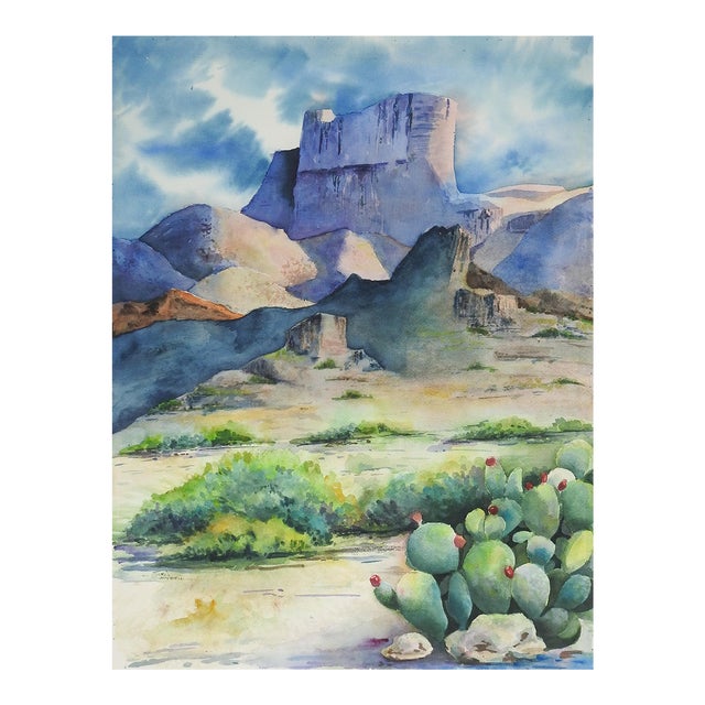 Vintage Desert Rock Formation Landscape Watercolor Painting For Sale