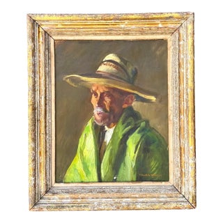 Vintage Framed Oil Painting of Man in Hat For Sale