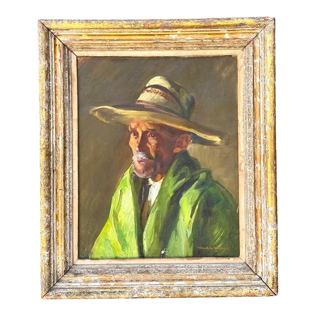 Vintage Framed Oil Painting of Man in Hat For Sale
