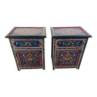 Vintage Moorish Moroccan Blue Hand-Painted Nightstand, Side or End Table, a Pair For Sale