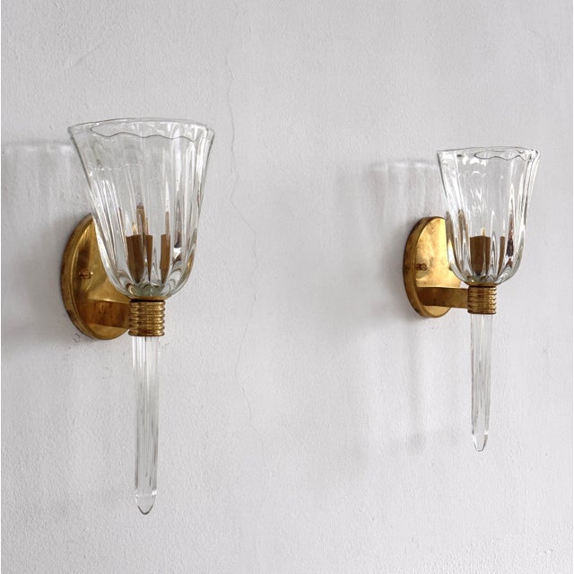 Metal Italian Murano Crystal Glass and Brass Wall Sconces, 1990s, Set of 2 For Sale - Image 7 of 18