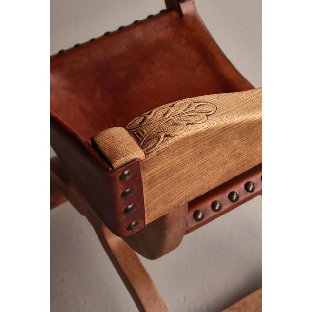 Danish Art Nouveau Cabinetmaker Armchair in Oak and Saddle Leather, 1920s For Sale - Image 4 of 17