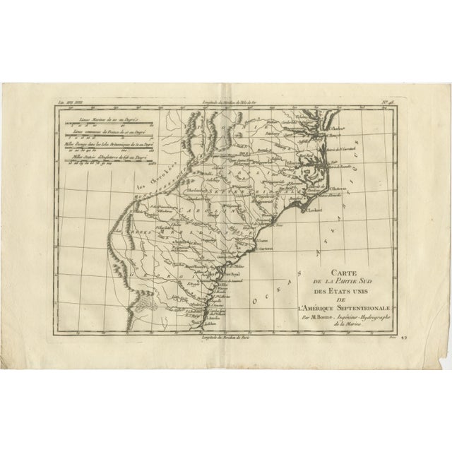 Antique Map of Southern United States wuth Carolina & Georgia from Bonne, 1780 For Sale - Image 4 of 12