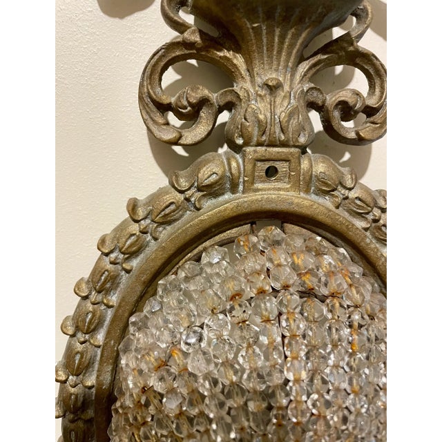 1920s Pair of Bronze and Crystal Beaded Basket Three Arm Sconces For Sale - Image 5 of 12