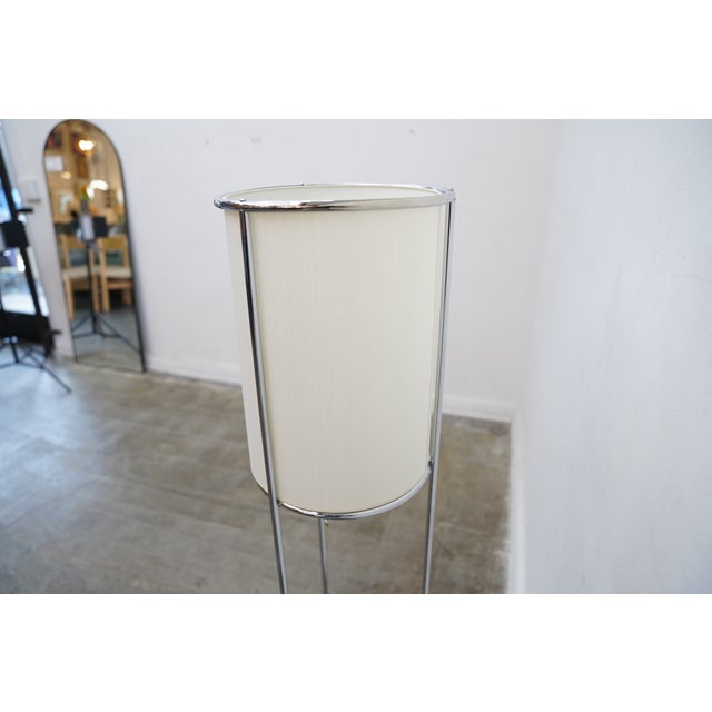 Metal 1980s Tri Pod Chrome & Linen Floor Lamp T.H. Robsjohn Gibbings Hansen Style For Sale - Image 7 of 12