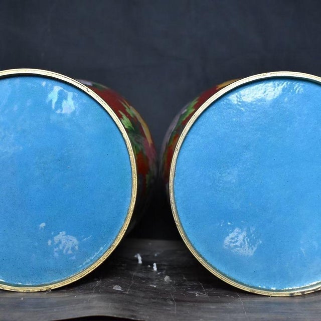 Pair of Monumental Chinese Cloisonné Vases | Gilt Floral & Bird Motif With Stands For Sale - Image 9 of 9