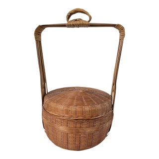 Vintage Wicker Chinese Wedding Basket With Handle 15”Dx25”H For Sale