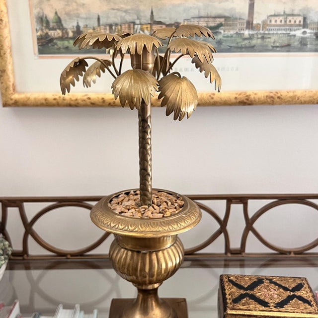 Brass palm tree candlestick // brass palm tree in urn // single candleholder // Vintage Hollywood Regency Decor For Sale - Image 4 of 12