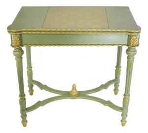 Vintage Neoclassical Green and Gilt Accent Game Table With Reversible Chess/Backgammon Top