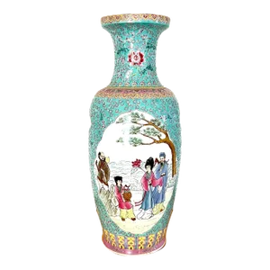 Vintage Late 20th Century Large Chinoiserie Pink and Blue Famille Rose Porcelain Vase